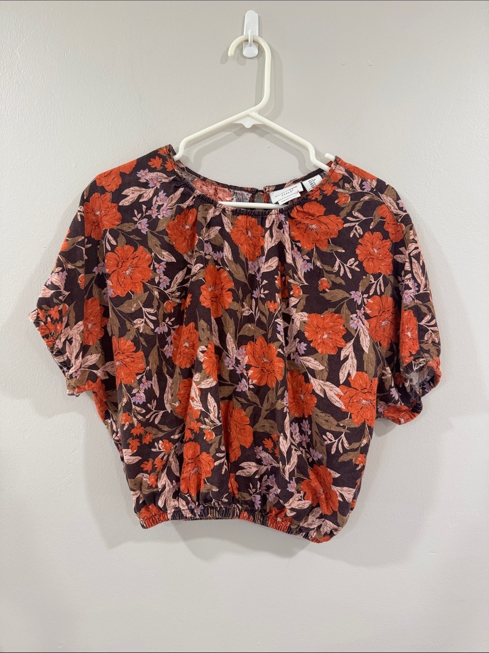 Haute Hippie Brown Short-Sleeve Floral Elastic-Hem linen Top boxy boho